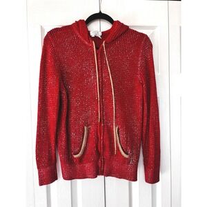 Just B VIntage Red‎ Metallic Gold Foil Knit Zip Up Hoodie Gold Trim Women Large